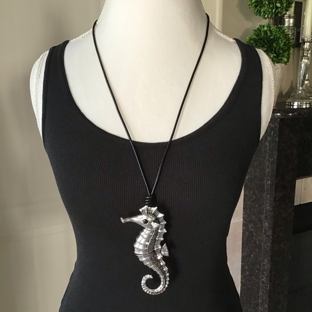 Seahorse Statement Necklace Black Cord Rhinestone Eye Reticulated Florida Beach